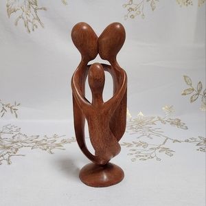 Beautiful Handmade Wooden Family of 3 Statue - Vintage Hand Carved "Happy Family